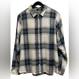 BUFFALO DAVID BITTON PLAID BUTTON DOWN SHIRT WOMEN LONG SLEEVE BLUE & CREAM M *